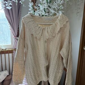 Tweeds Vintage Cream Ruffle-Trim Knit Cardigan